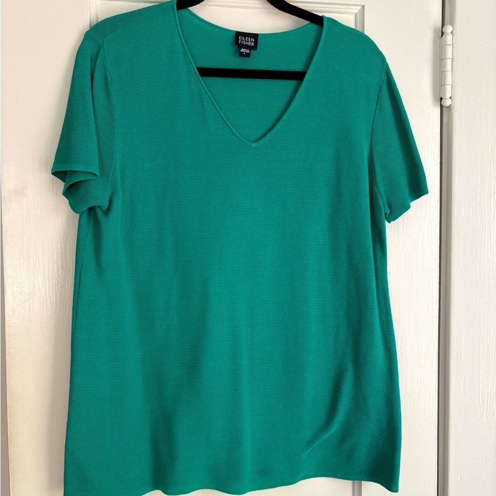 Eileen Fisher cotton short sleeved sweater with a V neck.